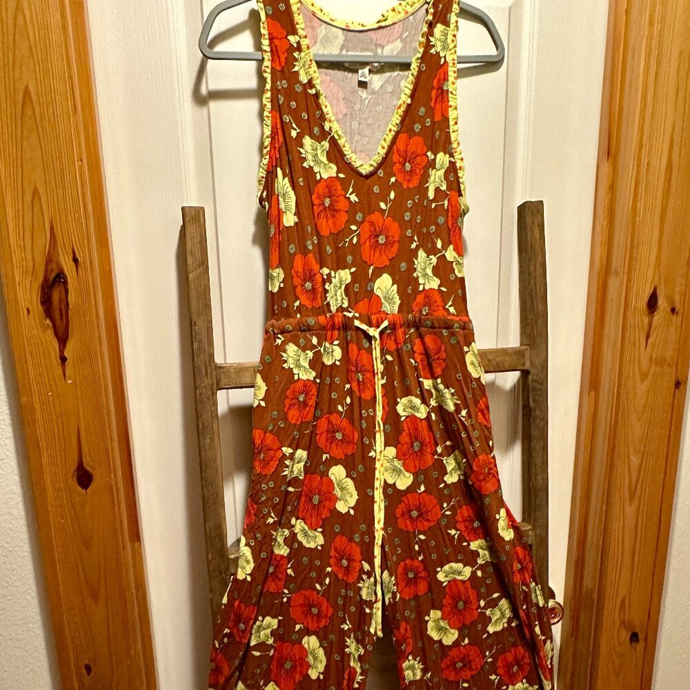 Red, Orange and Yellow Floral Sleeveless V Neck Jumpsuit